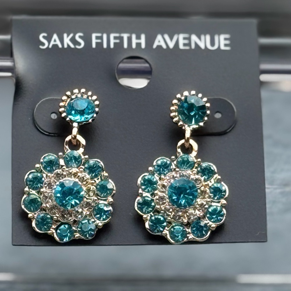 Saks Fifth Avenue Aqua Blue Gemstone Statment Gold Toned Dangle Earrings NWT - Picture 3 of 3